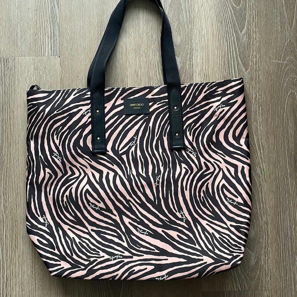 New Jimmy Choo Candice Large Zebra Print Nylon Tote with a pouch